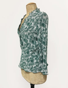 Green & White Fern Print Ruffle Fitted Femme Blouse