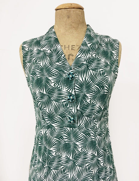 Green Tropical Fern Print Sleeveless Knee Length Vintage Dress - FINAL SALE