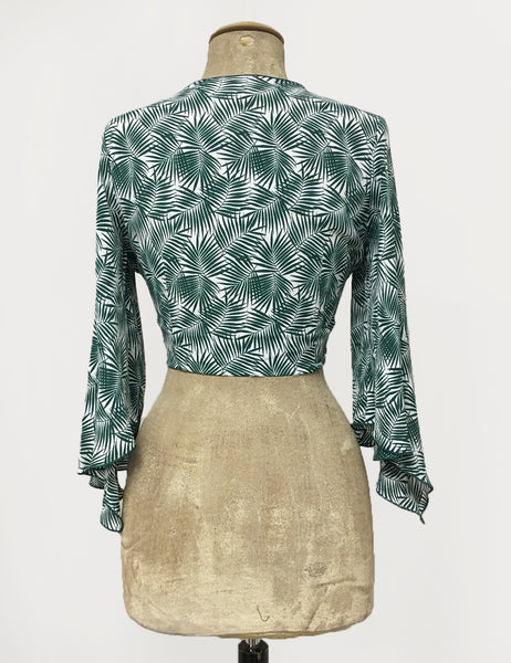 Green & White Tropical Fern Print Angel Wing Tie Top - FINAL SALE