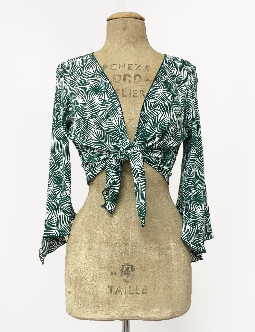 Green & White Tropical Fern Print Angel Wing Tie Top - FINAL SALE