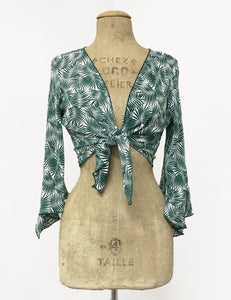 Green & White Tropical Fern Print Angel Wing Tie Top - FINAL SALE