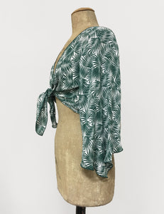 Green & White Tropical Fern Print Angel Wing Tie Top - FINAL SALE