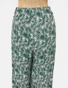 Green & White Tropical Fern Print 1940s Style High Waisted Palazzo Pants