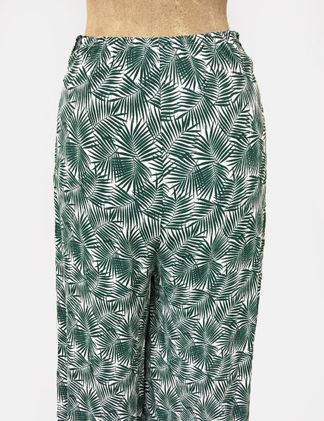 Green & White Tropical Fern Print 1940s Style High Waisted Palazzo Pants