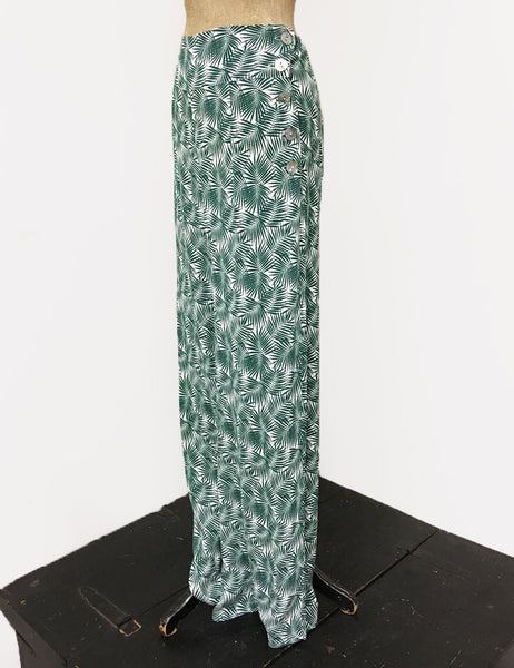 Green & White Tropical Fern Print 1940s Style High Waisted Palazzo Pants