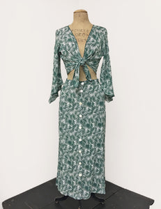 Green & White Tropical Fern Print Angel Wing Tie Top - FINAL SALE