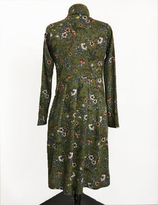 Cozy Green Floral Turtleneck Stretch Knit Mod Pullover Dress