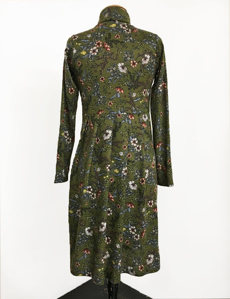 Cozy Green Floral Turtleneck Stretch Knit Mod Pullover Dress