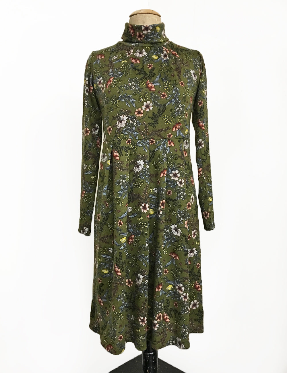 Cozy Green Floral Turtleneck Stretch Knit Mod Pullover Dress