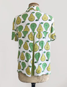 Green Fruity Pear Print Button Up Short Sleeve Camp Shirt