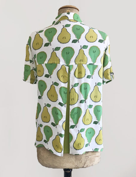 Green Fruity Pear Print Button Up Short Sleeve Camp Shirt