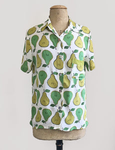 Green Fruity Pear Print Button Up Short Sleeve Camp Shirt
