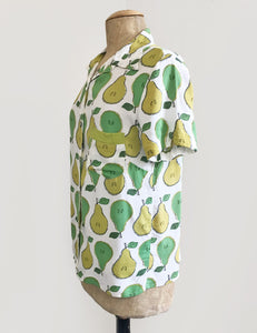 Green Fruity Pear Print Button Up Short Sleeve Camp Shirt