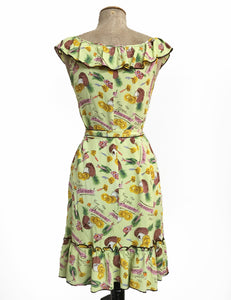 Cool Green Pineapple Princess Retro Vacation Ruffle Dress With Belt