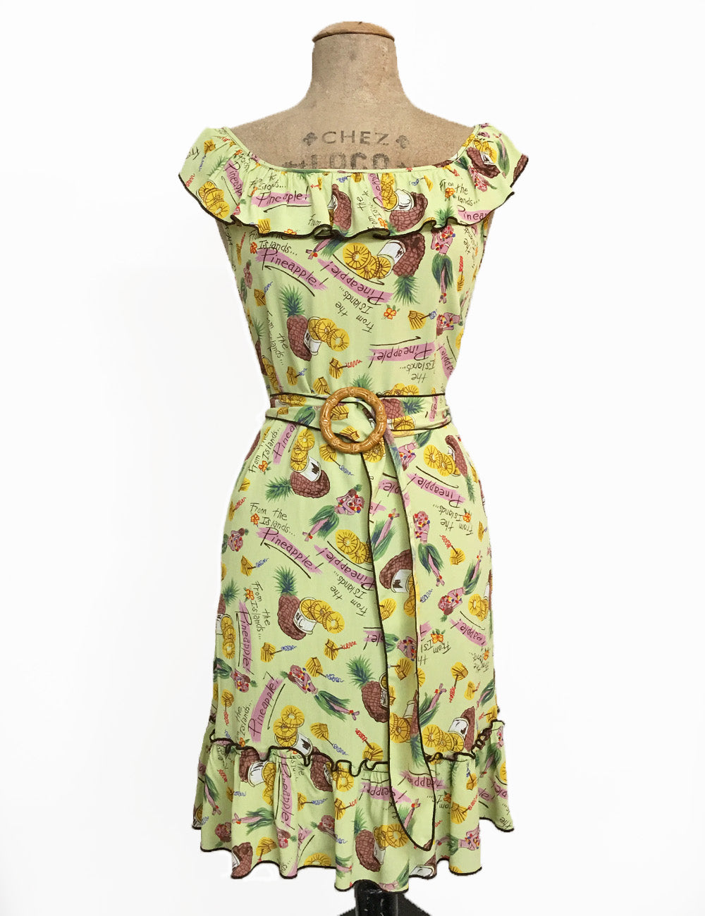 Cool Green Pineapple Princess Retro Vacation Ruffle Dress With Belt