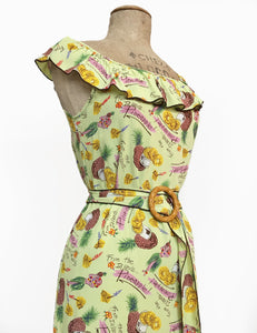 Cool Green Pineapple Princess Retro Vacation Ruffle Dress With Belt
