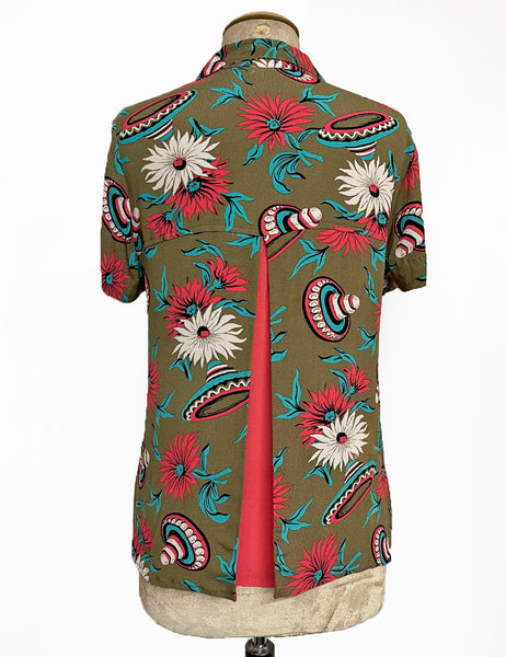 Olive Green Sombrero Print Button Up Boyfriend Camp Shirt