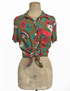 Olive Green Sombrero Print Button Up Boyfriend Camp Shirt