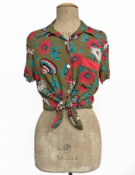 Olive Green Sombrero Print Button Up Boyfriend Camp Shirt