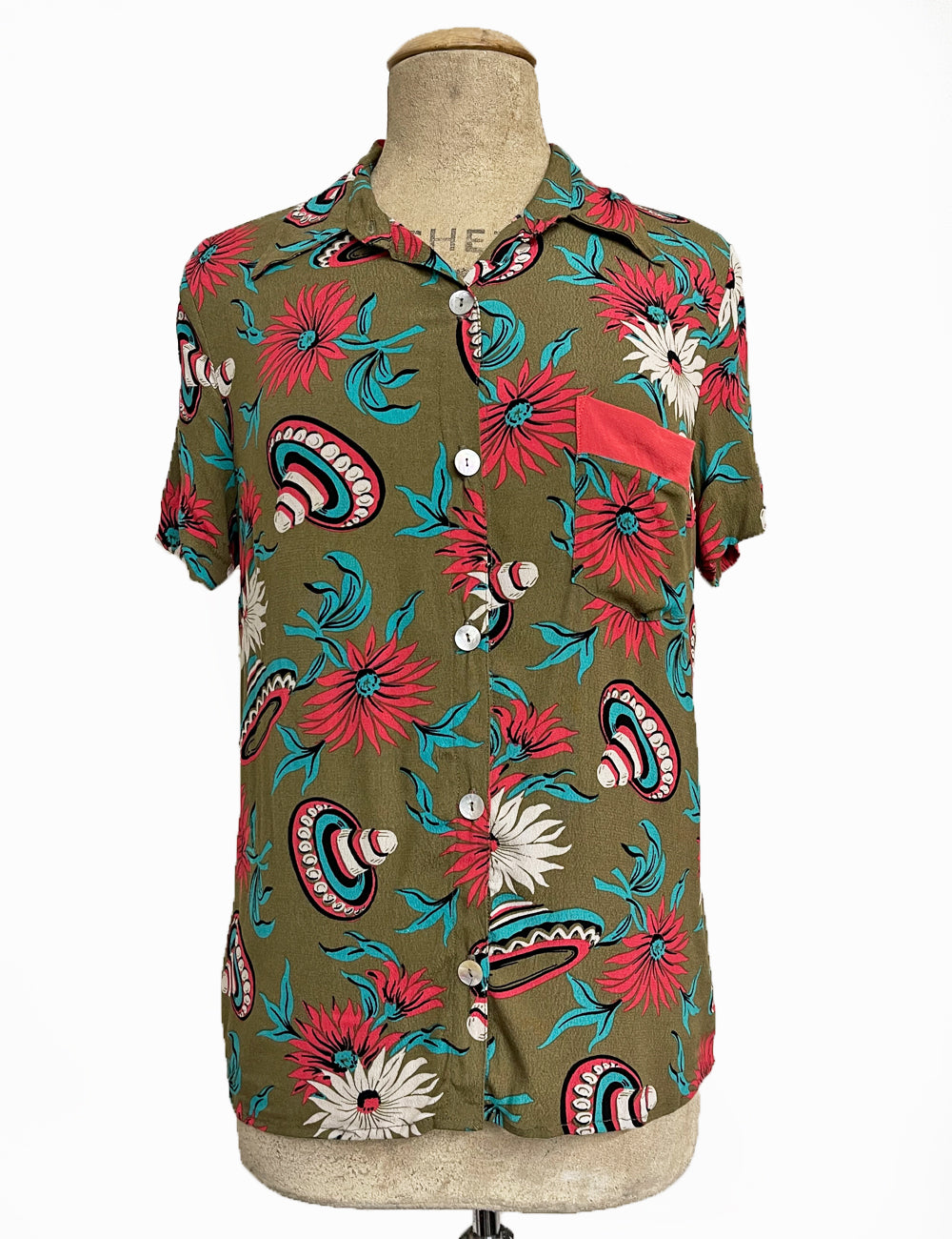Olive Green Sombrero Print Button Up Boyfriend Camp Shirt