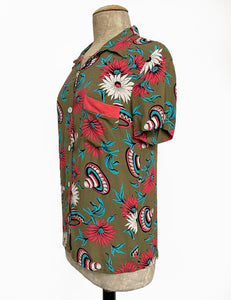 Olive Green Sombrero Print Button Up Boyfriend Camp Shirt