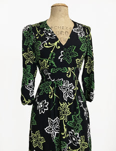 Green Floral Stencil Print 3/4 Sleeve Retro 40s Dress