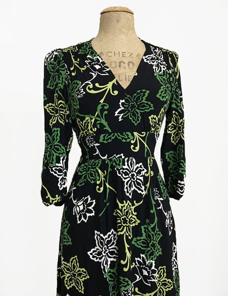Green Floral Stencil Print 3/4 Sleeve Retro 40s Dress