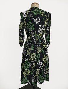 Green Floral Stencil Print 3/4 Sleeve Retro 40s Dress