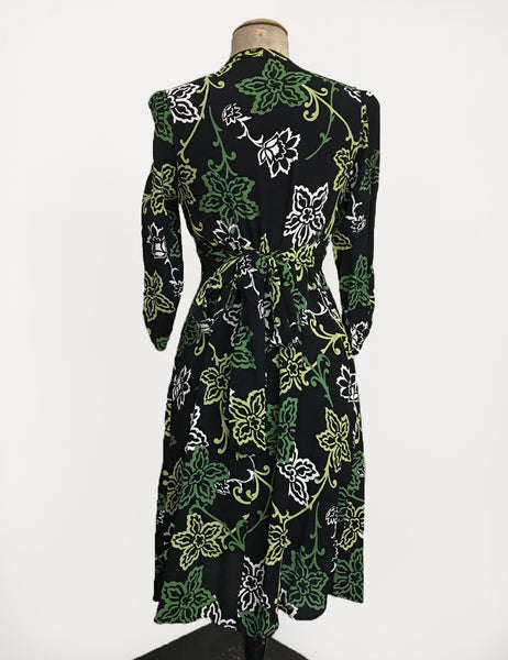 Green Floral Stencil Print 3/4 Sleeve Retro 40s Dress