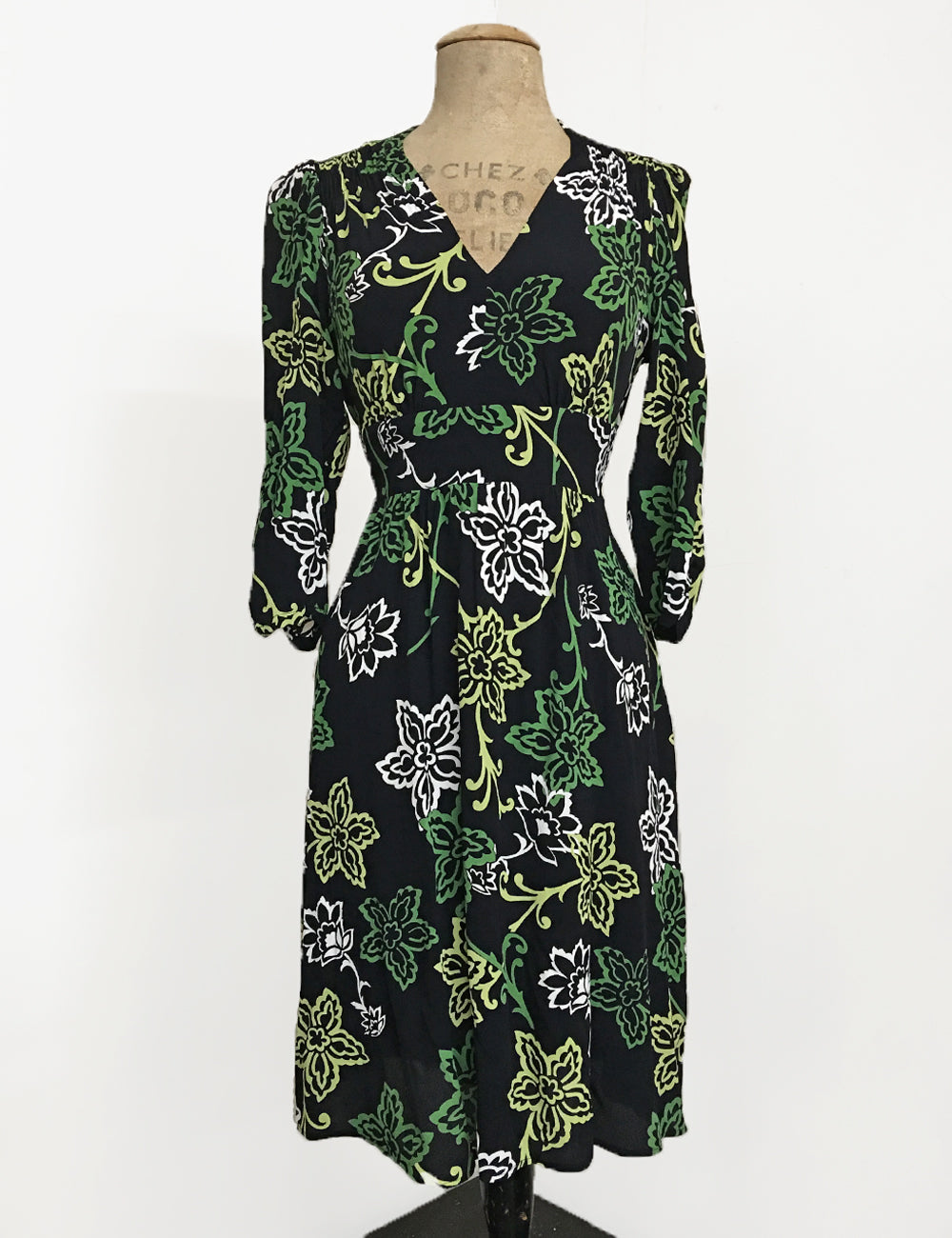 Green Floral Stencil Print 3/4 Sleeve Retro 40s Dress