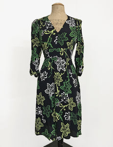 Green Floral Stencil Print 3/4 Sleeve Retro 40s Dress