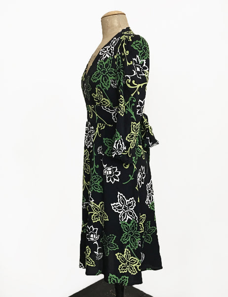 Green Floral Stencil Print 3/4 Sleeve Retro 40s Dress