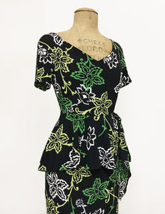 Black & Green Stencil Floral Peplum Lena Wiggle Dress - FINAL SALE