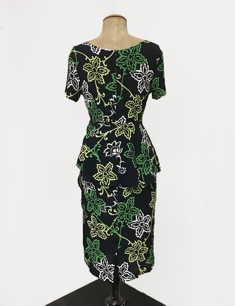 Black & Green Stencil Floral Peplum Lena Wiggle Dress - FINAL SALE