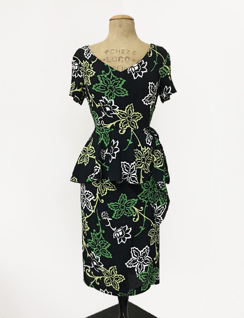 Black & Green Stencil Floral Peplum Lena Wiggle Dress - FINAL SALE