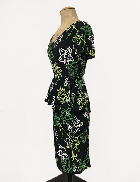 Black & Green Stencil Floral Peplum Lena Wiggle Dress - FINAL SALE