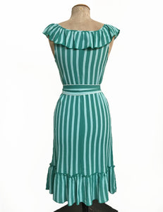 Green Stripe Retro Vacation Ruffle Dress With Belt