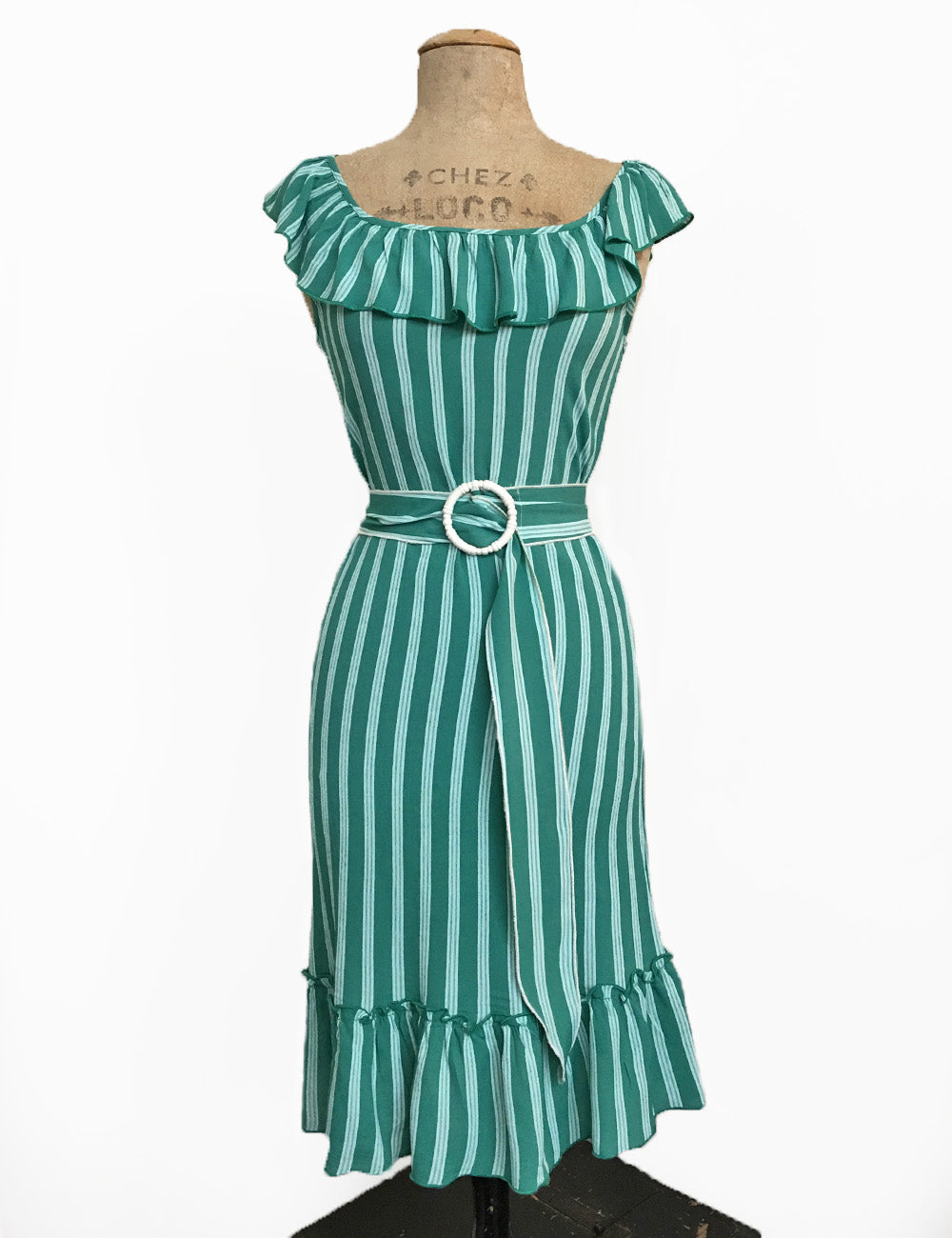 Green Stripe Retro Vacation Ruffle Dress With Belt