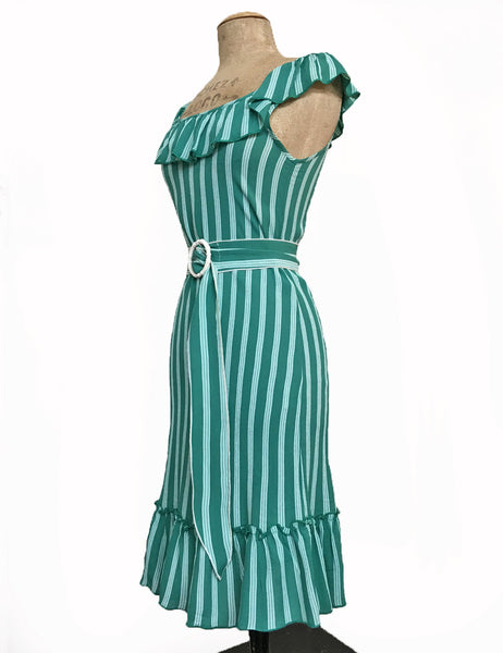 Green Stripe Retro Vacation Ruffle Dress With Belt