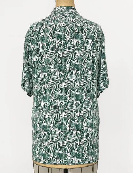 Green & White Fern Print Print Men's Sonny Button Up Tiki Shirt
