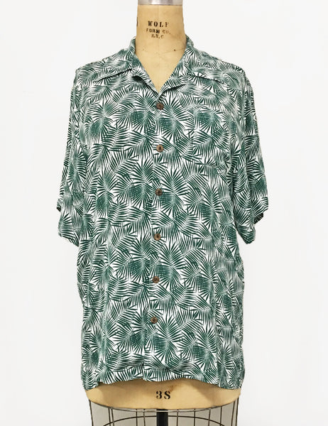 Green & White Fern Print Print Men's Sonny Button Up Tiki Shirt