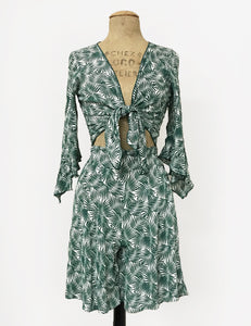 Green & White Tropical Fern Print Angel Wing Tie Top - FINAL SALE