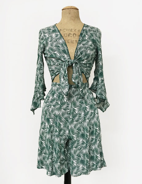 Green & White Tropical Fern Print Angel Wing Tie Top - FINAL SALE