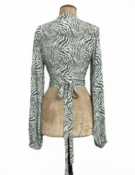 Green Zebra Print Drama Sleeve Babaloo Wrap Top