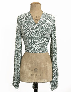 Green Zebra Print Drama Sleeve Babaloo Wrap Top