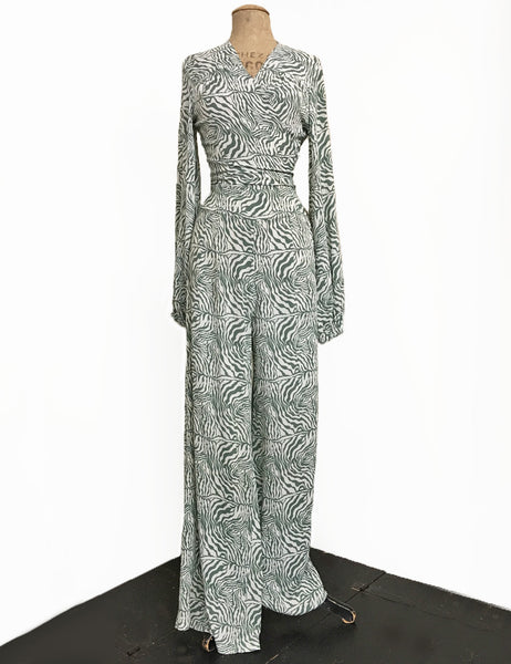 Green Zebra Print Retro High Waisted Palazzo Pants