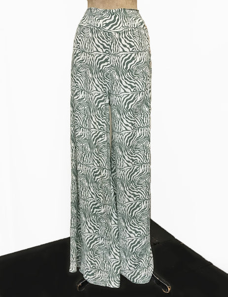 Green Zebra Print Retro High Waisted Palazzo Pants