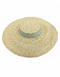Green Seersucker Vintage Style Woven Large Brim Straw Hat