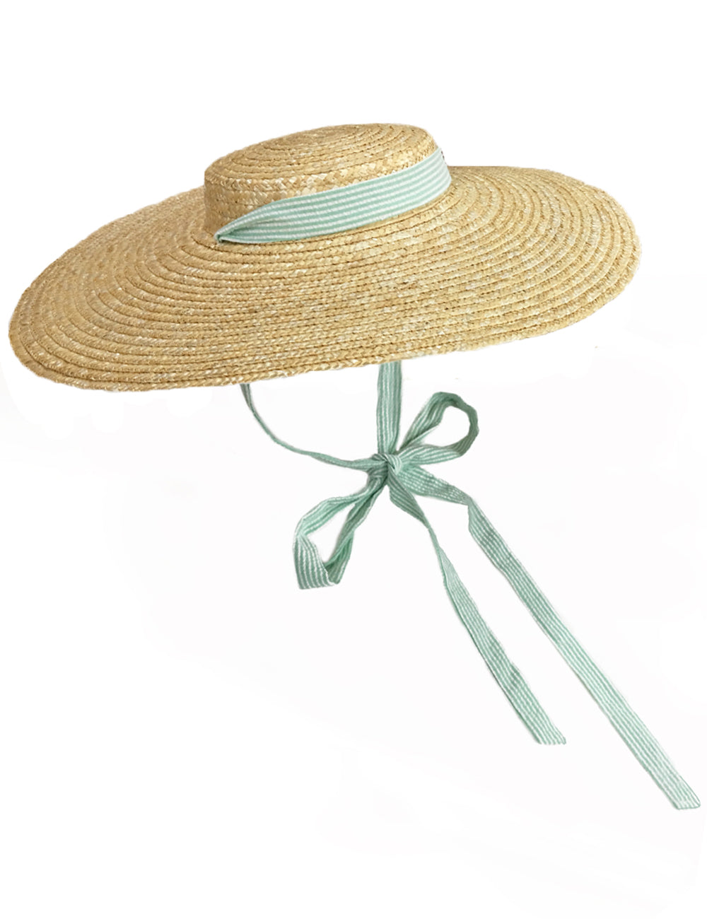 Green Seersucker Vintage Style Woven Large Brim Straw Hat