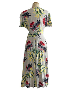 Grey Panther Print Tropical 1940s Style Cascade Wrap Dress